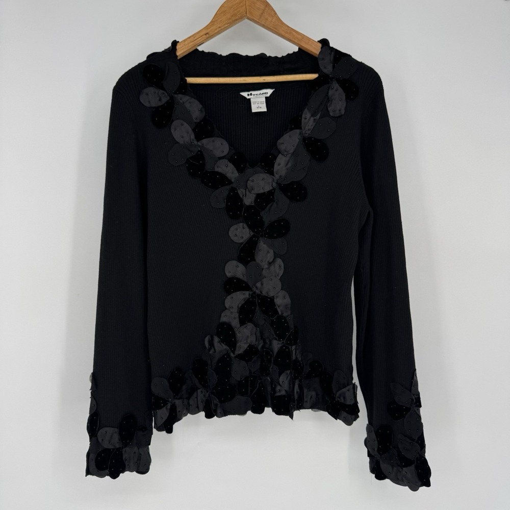 Vintage Black Ribbed Sweater‎ Whimsigoth Beaded Floral Petal Y2K Large Nygard